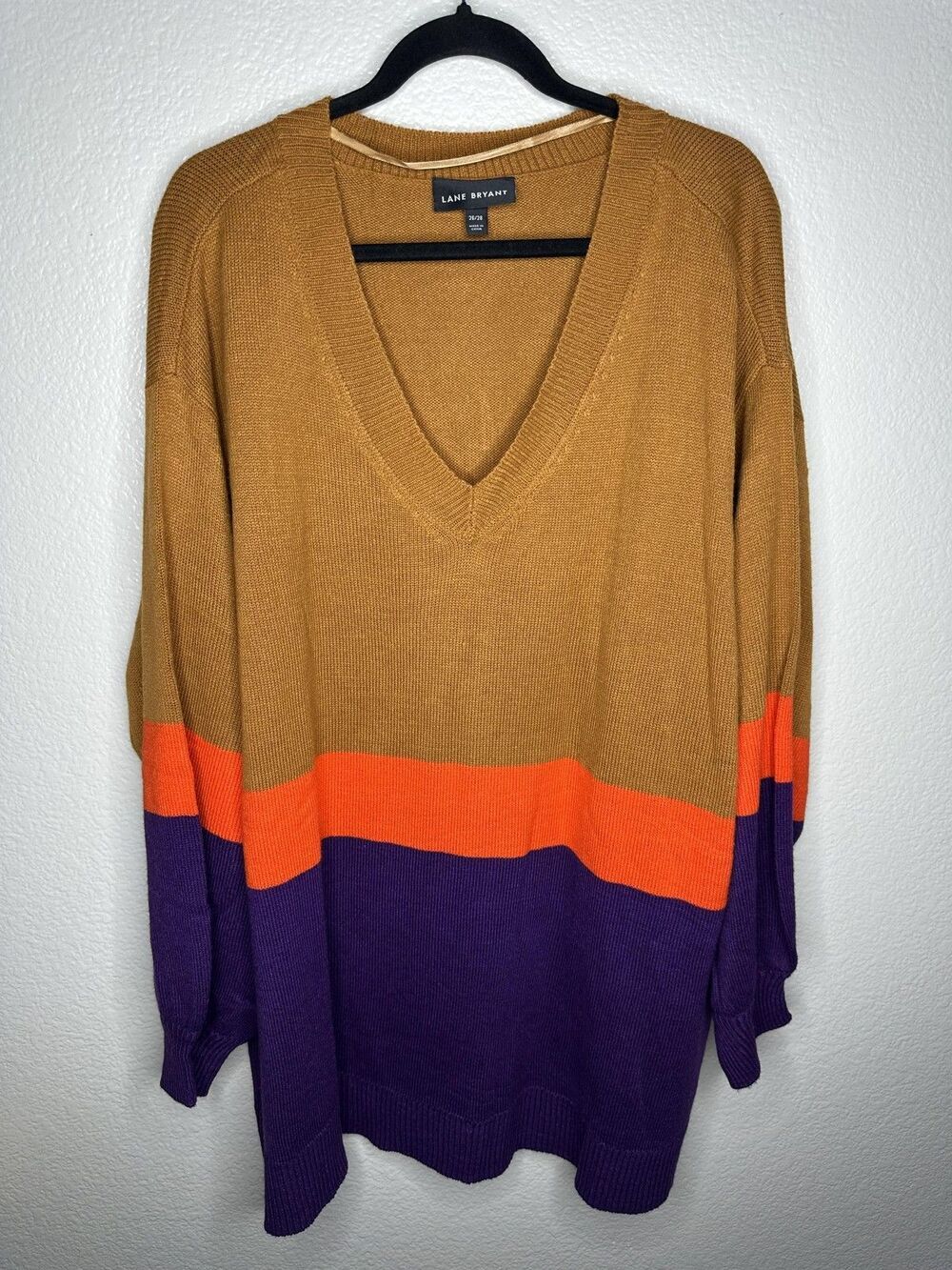 Lane Bryant Sweater Womens 26/28 Brown Orange Purple V Neck Colorblock Pullover